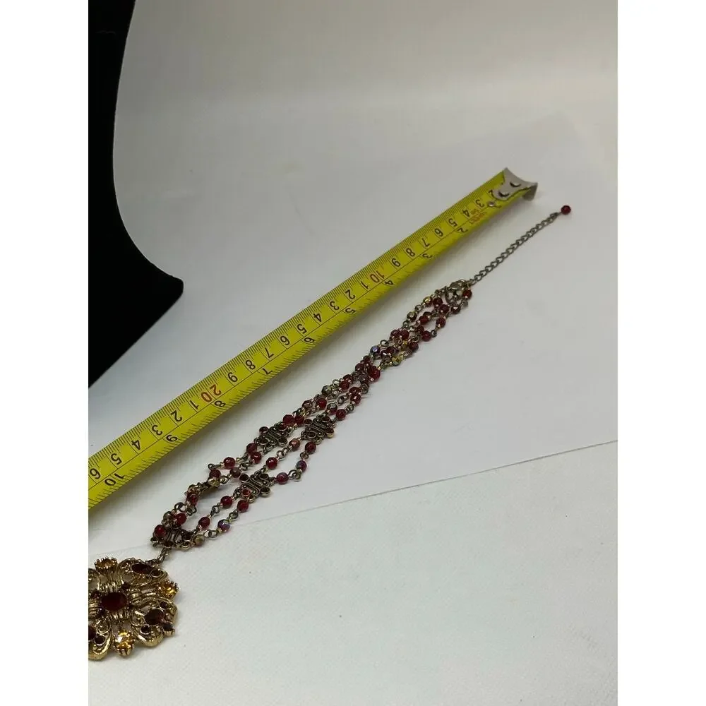 AVON Vintage Maltese Festoon Nina Ricci Necklace Rhinestone Medallion Red Gold - Picture 8 of 8